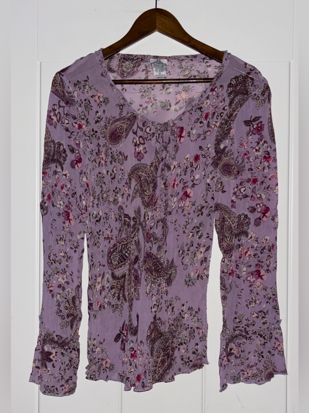 Angie Paisley Floral Chiffon Sheer Blouse Women L Boho Whimsigoth Bell Sleeves